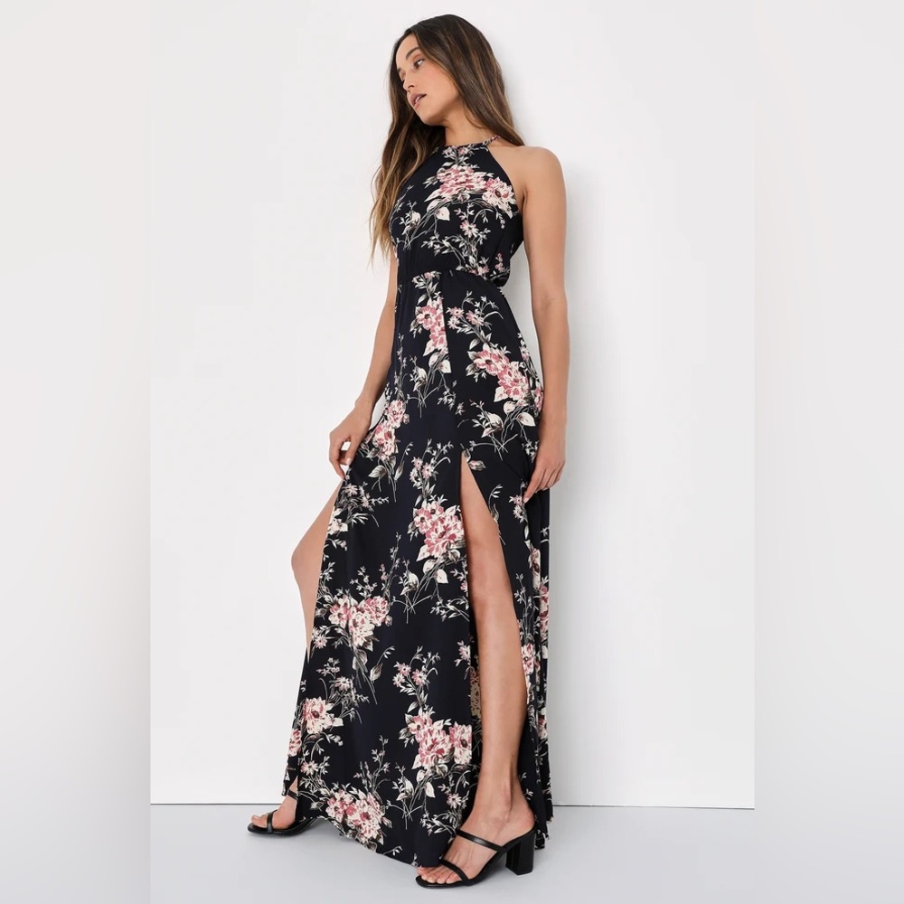 Lulus Feel the Music Midnight Blue Floral Print Maxi Dress